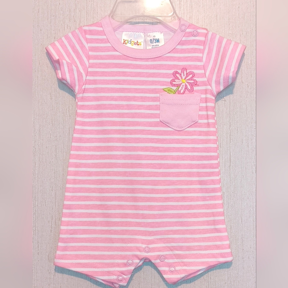 Kidgets Pink Striped Baby Girl's Romper with Embroidered Flower
